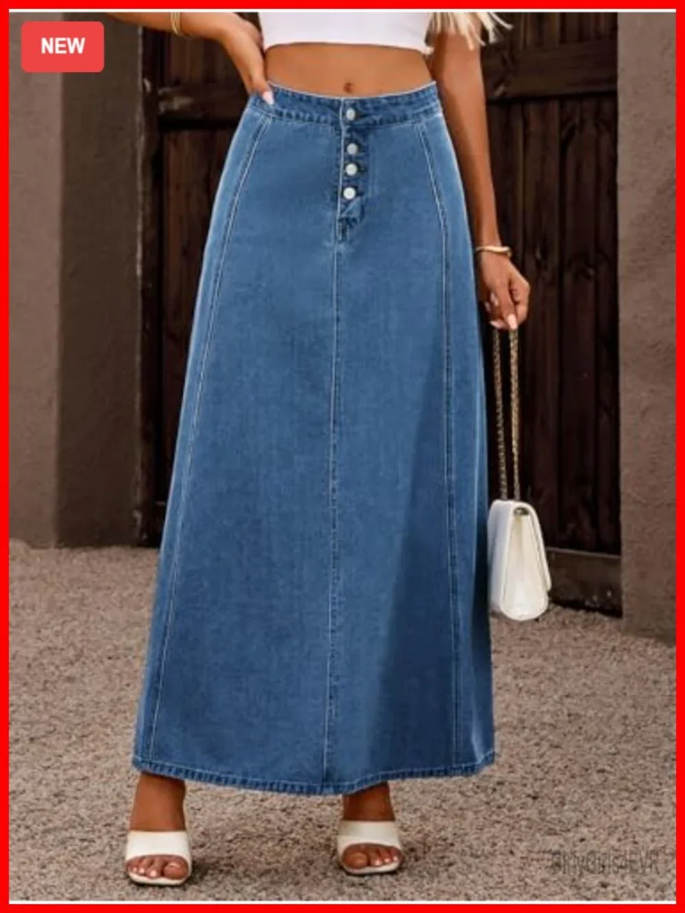 High Waist Denim Maxi Skirt A-Line Flare Stretch with Pockets